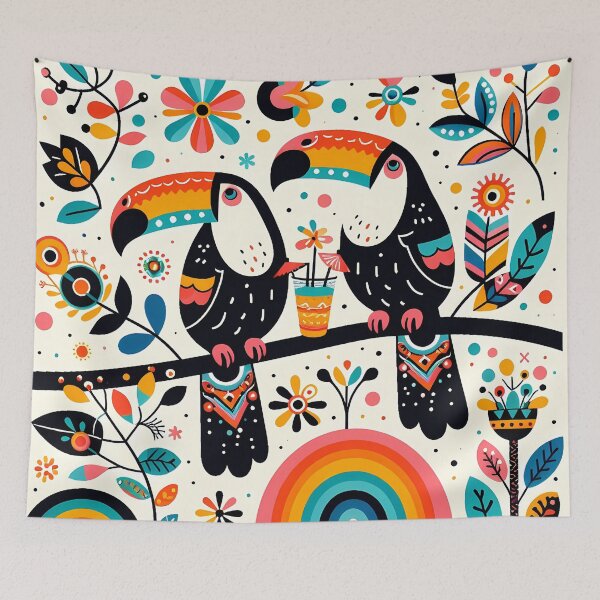 Item preview, Scandinavian Folk Art Two Tipsy Toucans and Rainbow by heidiannemorris © designed and sold by FOLK ART FUSION by heidiannemorris.