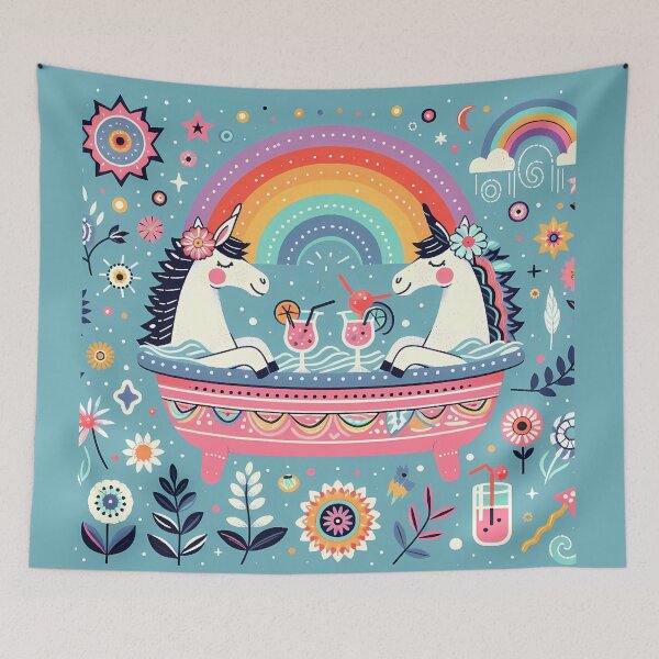 Item preview, Scandinavian Folk Art - Cute Cocktail Drinking Unicorns in a Pink Hot Tub by heidiannemorris © designed and sold by FOLK ART FUSION by heidiannemorris.