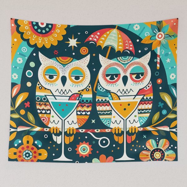Item preview, Scandinavian Folk Art - Two Tipsy Owls Rainbow Circle by heidiannemorris © designed and sold by FOLK ART FUSION by heidiannemorris.