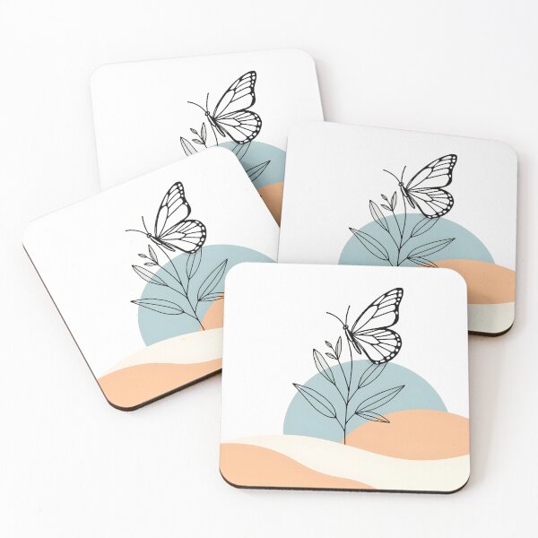 Item preview, Butterfly and Plant – Minimalist Lineart on Bold Blue and Orange Circles designed and sold by EmeraldeaArt.