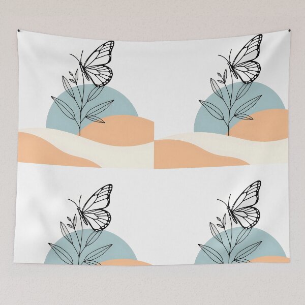 Item preview, Butterfly and Plant – Minimalist Lineart on Bold Blue and Orange Circles designed and sold by EmeraldeaArt.