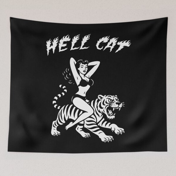 Item preview, Hell Cat Retro Pinup Girl Riding Tiger Tattoo Style Design designed and sold by Victor Shadehorn.