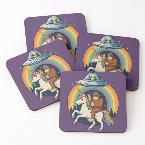 Item preview, Bigfoot Riding Unicorn Under UFO with Rainbow Funny Fantasy Art designed and sold by Victor Shadehorn.