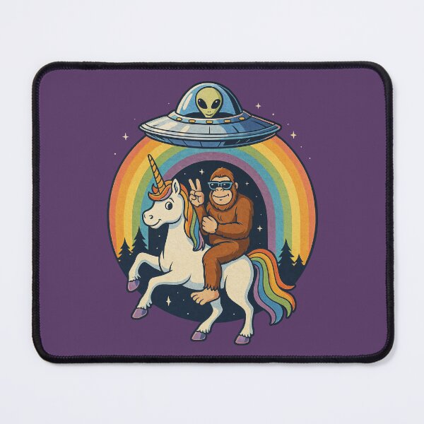 Item preview, Bigfoot Riding Unicorn Under UFO with Rainbow Funny Fantasy Art designed and sold by Victor Shadehorn.