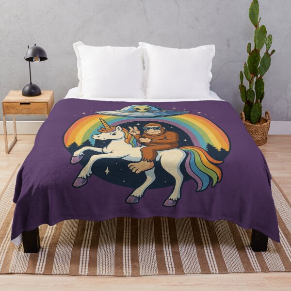 Item preview, Bigfoot Riding Unicorn Under UFO with Rainbow Funny Fantasy Art designed and sold by Victor Shadehorn.