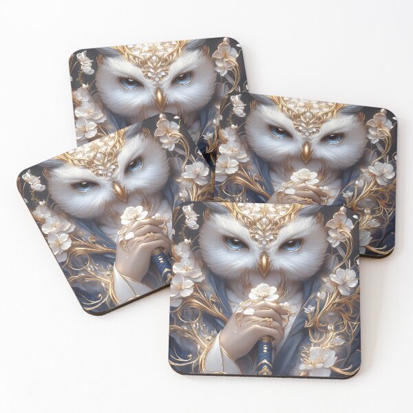 Item preview, Animal Samurai White Owl Floral Crown Holding Sword Golden Royal Elegance designed and sold by bolleykoldl.
