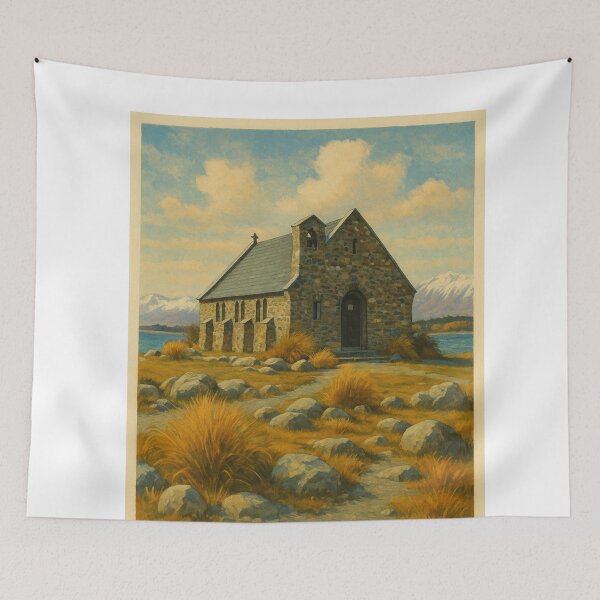 Item preview, Stone Church by Lake Tekapo with Mountain View designed and sold by Aryabek.