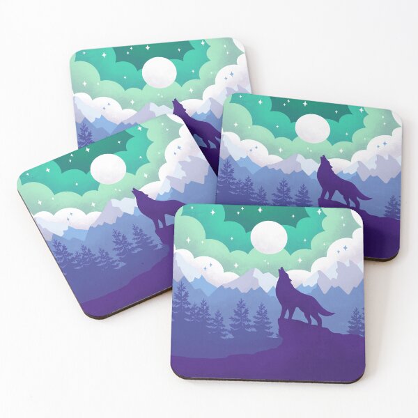 Item preview, Green and Blue Howling at the Moon Wolf Mountain Landscape designed and sold by kaleidoink designs.