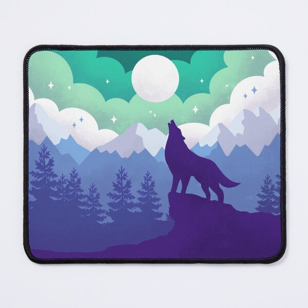 Item preview, Green and Blue Howling at the Moon Wolf Mountain Landscape designed and sold by kaleidoink designs.