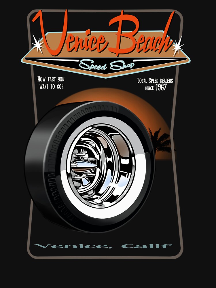 Thumbnail 7 of 7, Classic T-Shirt, Venice Beach Speed Shop – Vintage Pie Crust Cheater Slick & Chrome Reverse Steel Wheel designed and sold by Kaucher-Kustoms.
