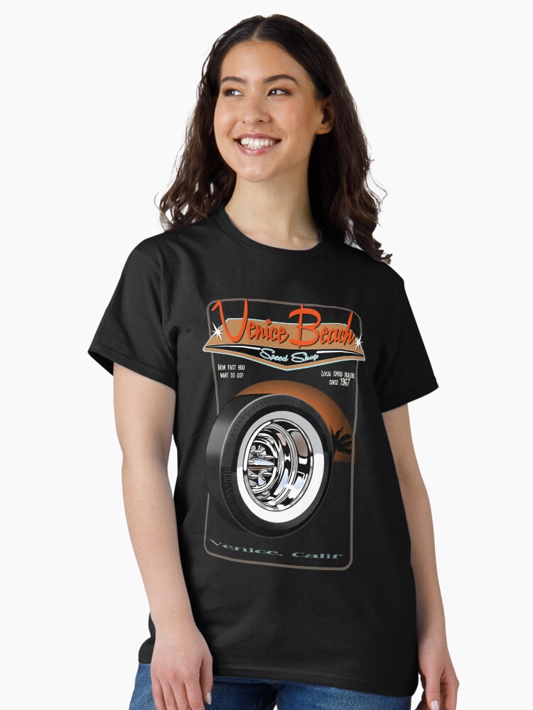 Thumbnail 1 of 7, Classic T-Shirt, Venice Beach Speed Shop – Vintage Pie Crust Cheater Slick & Chrome Reverse Steel Wheel designed and sold by Kaucher-Kustoms.