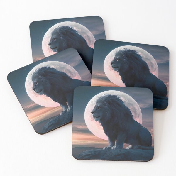 Item preview, Lion illuminated by the moonlight stares into the distance against the evening background of nature and mountains designed and sold by Paul-Place.