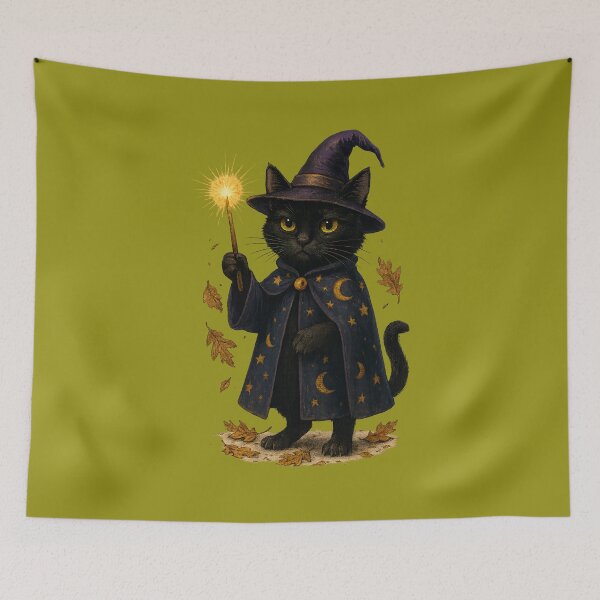 Item preview, Witchy Black Cat with Magic Wand – Mystical Autumn Familiar designed and sold by Sepinik.