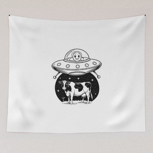 Item preview, UFO Abduction Cow - Vintage Sci-Fi B&W Illustration, Flying Saucer Over Cattle, Hand-Drawn Alien Encounter, Whimsical Farm Night Scene designed and sold by Pro AguiZoul Art.