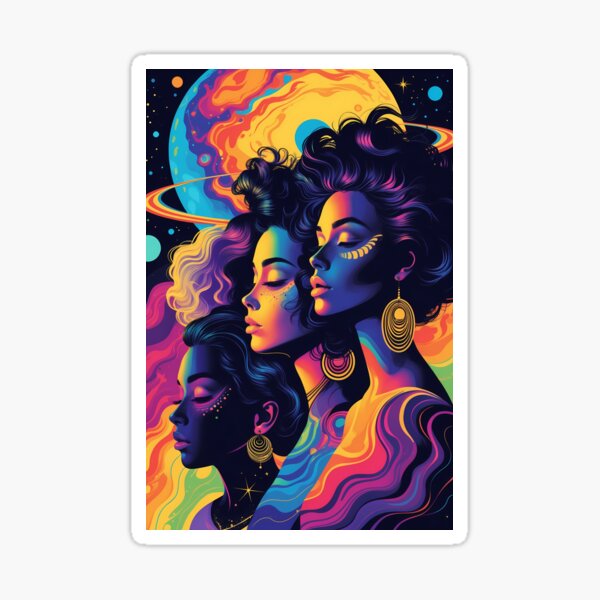Item preview, Vibrant cosmic art showcasing three diverse women against a colorful celestial background designed and sold by Anna-Klim-art.