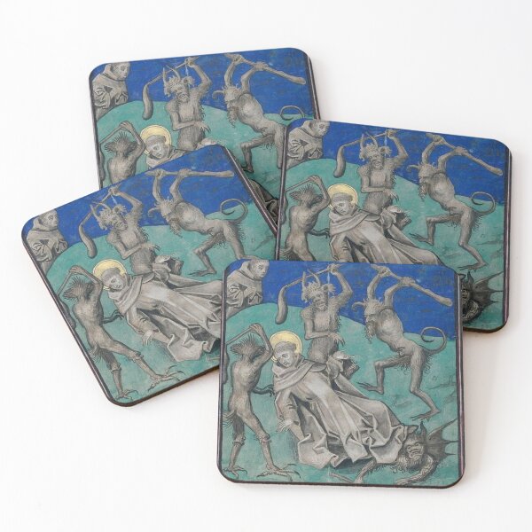 Item preview, Saint being beaten and tempted by demons from a medieval miniature designed and sold by VintageManiac.