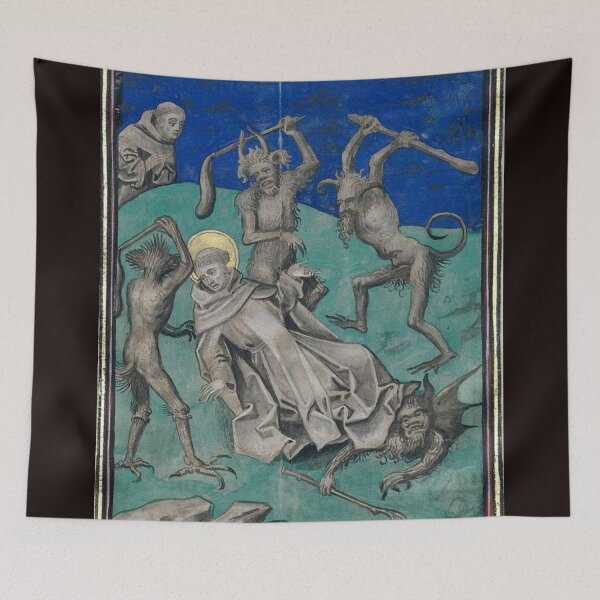 Item preview, Saint being beaten and tempted by demons from a medieval miniature designed and sold by VintageManiac.