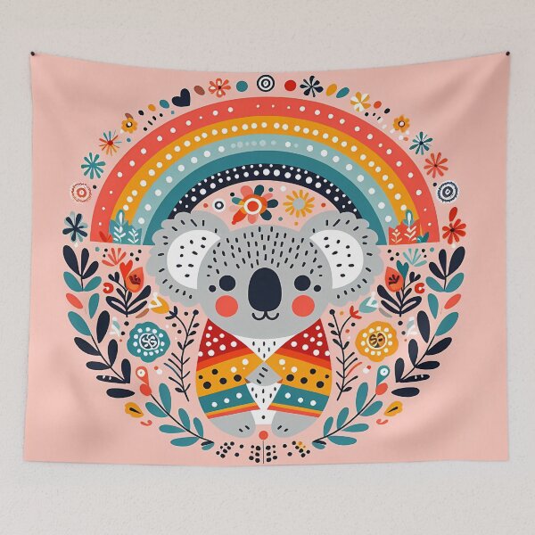 Item preview, Scandinavian Folk Art Cute Koala in a Rainbow Blanket by heidiannemorris © designed and sold by FOLK ART FUSION by heidiannemorris.