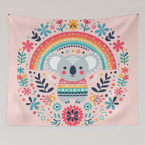 Item preview, Scandinavian Folk Art Cute Koala in a Rainbow Poncho by heidiannemorris © designed and sold by FOLK ART FUSION by heidiannemorris.