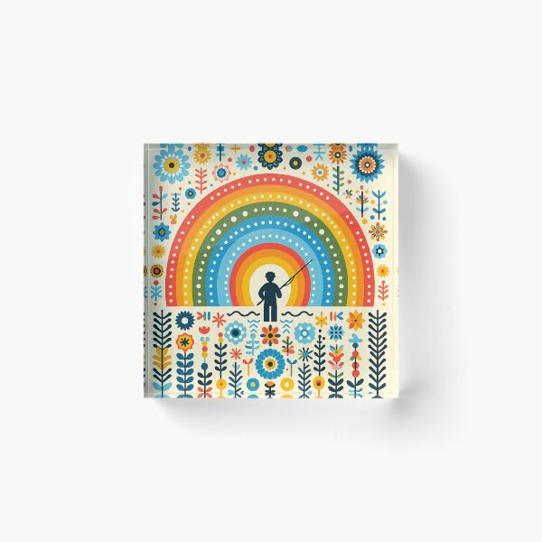 Item preview, Scandinavian Folk Art Whimsical Sunset Rainbow Fishing by heidiannemorris © designed and sold by FOLK ART FUSION by heidiannemorris.