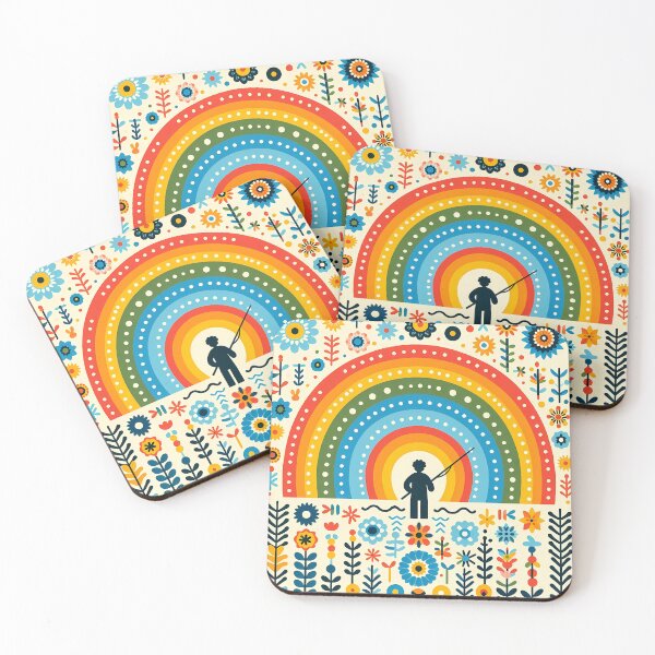 Item preview, Scandinavian Folk Art Whimsical Sunset Rainbow Fishing by heidiannemorris © designed and sold by FOLK ART FUSION by heidiannemorris.