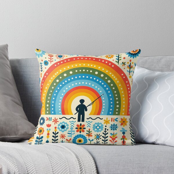 Item preview, Scandinavian Folk Art Whimsical Sunset Rainbow Fishing by heidiannemorris © designed and sold by FOLK ART FUSION by heidiannemorris.