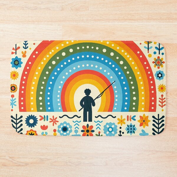 Item preview, Scandinavian Folk Art Whimsical Sunset Rainbow Fishing by heidiannemorris © designed and sold by FOLK ART FUSION by heidiannemorris.