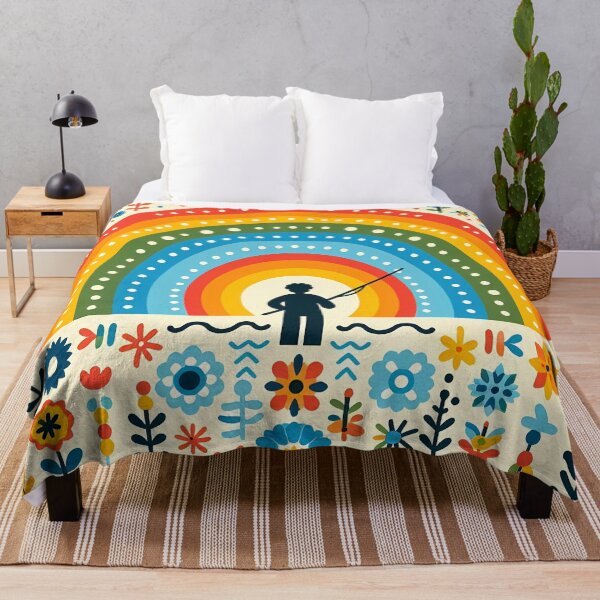 Item preview, Scandinavian Folk Art Whimsical Sunset Rainbow Fishing by heidiannemorris © designed and sold by FOLK ART FUSION by heidiannemorris.