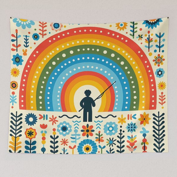 Item preview, Scandinavian Folk Art Whimsical Sunset Rainbow Fishing by heidiannemorris © designed and sold by FOLK ART FUSION by heidiannemorris.