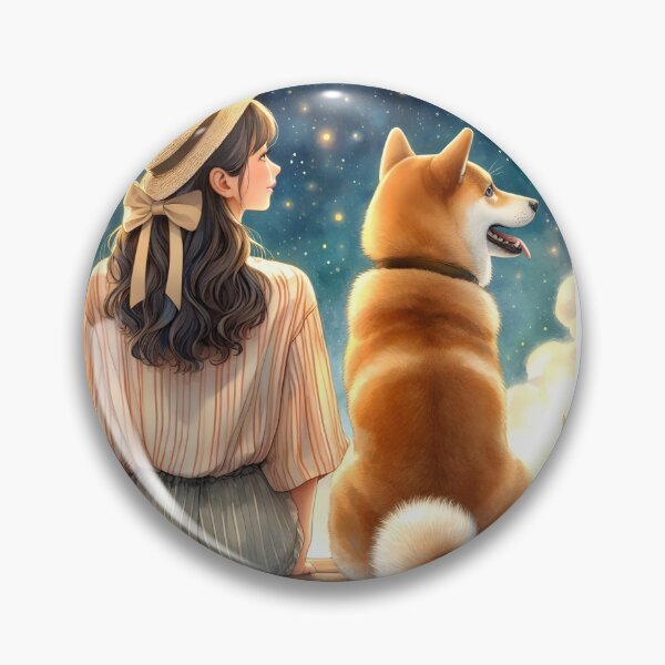 Item preview, Girl with her Beloved Shiba Inu dog under the crescent moon watercolor art designed and sold by EmeraldeaArt.