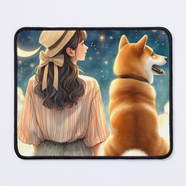 Item preview, Girl with her Beloved Shiba Inu dog under the crescent moon watercolor art designed and sold by EmeraldeaArt.