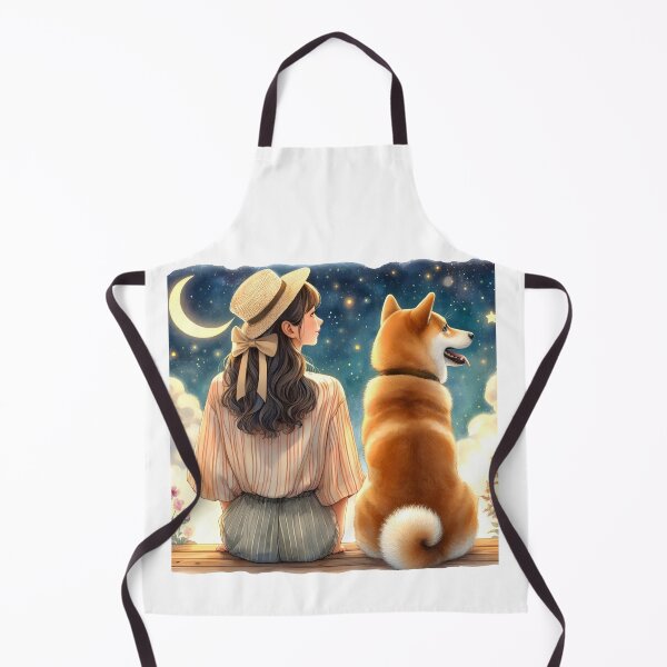 Item preview, Girl with her Beloved Shiba Inu dog under the crescent moon watercolor art designed and sold by EmeraldeaArt.