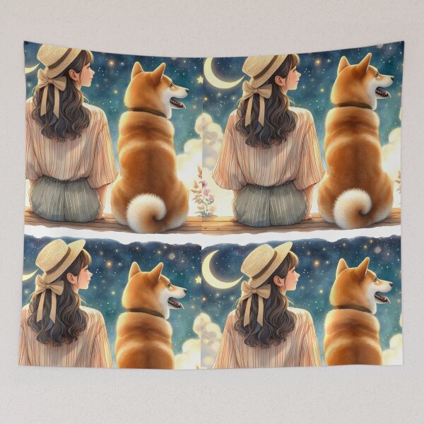 Item preview, Girl with her Beloved Shiba Inu dog under the crescent moon watercolor art designed and sold by EmeraldeaArt.