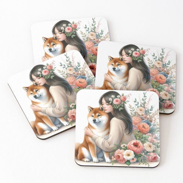 Item preview, Asian Girl embracing her Shiba Inu dog floral illustration designed and sold by EmeraldeaArt.