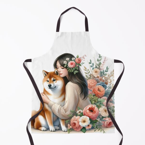 Item preview, Asian Girl embracing her Shiba Inu dog floral illustration designed and sold by EmeraldeaArt.