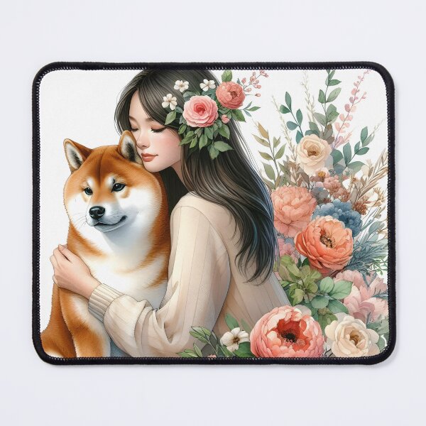 Item preview, Asian Girl embracing her Shiba Inu dog floral illustration designed and sold by EmeraldeaArt.