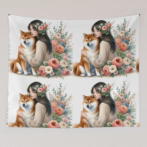 Item preview, Asian Girl embracing her Shiba Inu dog floral illustration designed and sold by EmeraldeaArt.