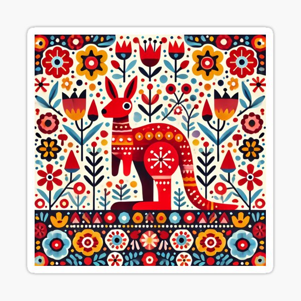 Item preview, Scandinavian Folk Art Colourful Patterned Red Kangaroo by heidiannemorris © designed and sold by FOLK ART FUSION by heidiannemorris.