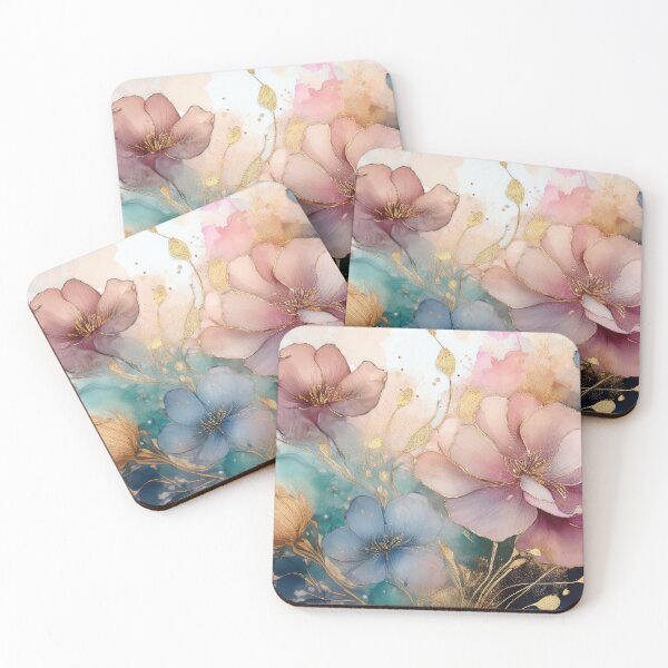 Item preview, Delicate VINTAGE FLOWERS 2, multicolor and gold wildflower watercolour garden, colourful alcohol ink effect, muted Pastel floral spring painting  designed and sold by navitalidesign.