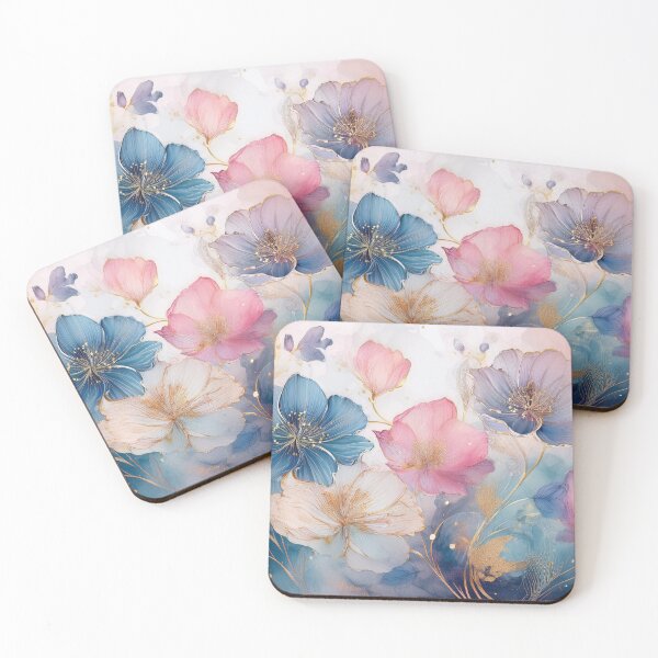 Item preview, Delicate VINTAGE FLOWERS 3, multicolor pink blue and gold wildflower watercolour garden, colourful alcohol ink effect, muted Pastel floral spring painting  designed and sold by navitalidesign.
