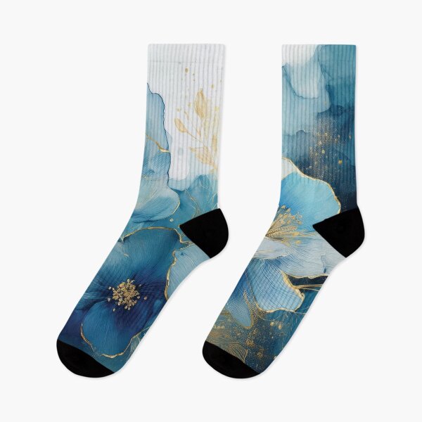 Item preview, DUSTY BLUE VINTAGE FLOWERS 2, blue and gold wildflower watercolour garden, navy blue , dusty blue alcohol ink effect, blue floral spring painting  designed and sold by navitalidesign.