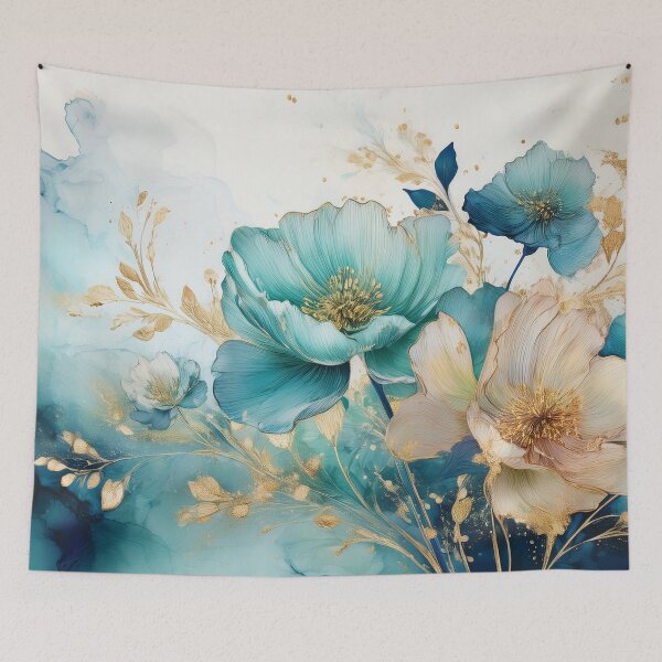 Item preview, DUSTY Teal BLUE and beige VINTAGE FLOWERS 3, blue and gold wildflower watercolour garden, navy blue , dusty blue alcohol ink effect, blue floral spring painting  designed and sold by navitalidesign.