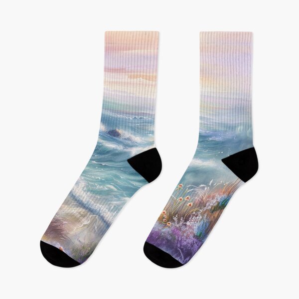 Item preview, Pastel Coastal Sunset , Watercolor Cliffside Ocean Landscape with Waves and Wildflowers designed and sold by MargaretWiktor.