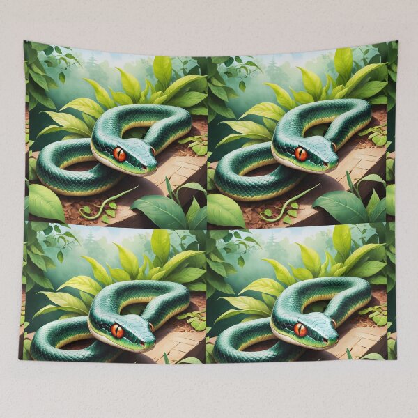 Item preview, Green snake in a garden among green leaves digital illustration designed and sold by EmeraldeaArt.