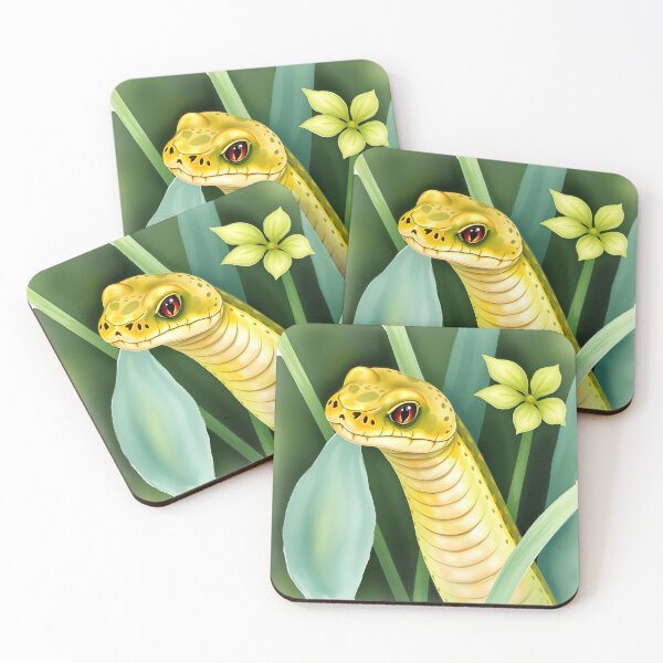 Item preview, Greenish yellow snake among plants watercolor illustration designed and sold by EmeraldeaArt.