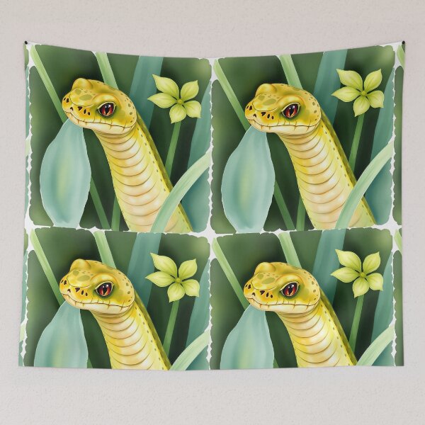 Item preview, Greenish yellow snake among plants watercolor illustration designed and sold by EmeraldeaArt.