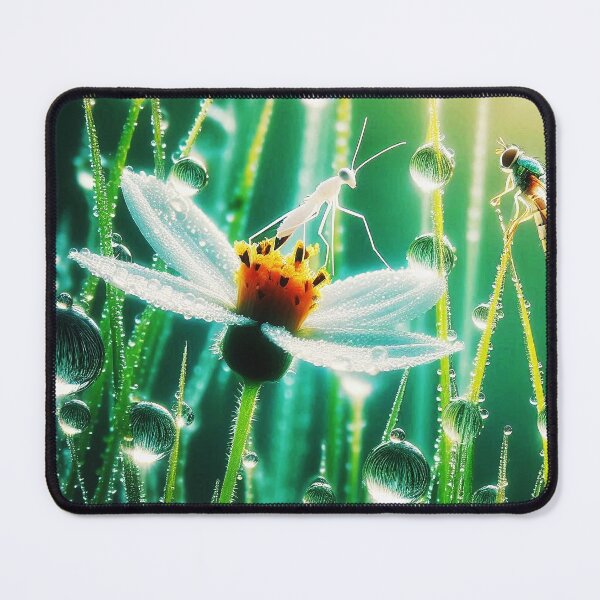 Item preview, white fae mosquito bug on a dew drops covered grassy field with a white wildflower designed and sold by EmeraldeaArt.