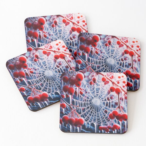 Item preview, Winter icy frozen spiderweb  hanging from a red berries bush designed and sold by EmeraldeaArt.