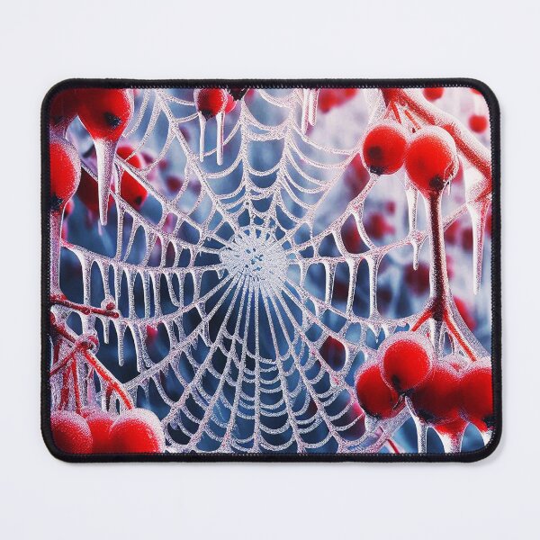 Item preview, Winter icy frozen spiderweb  hanging from a red berries bush designed and sold by EmeraldeaArt.