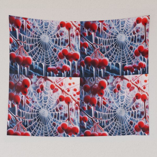 Item preview, Winter icy frozen spiderweb  hanging from a red berries bush designed and sold by EmeraldeaArt.